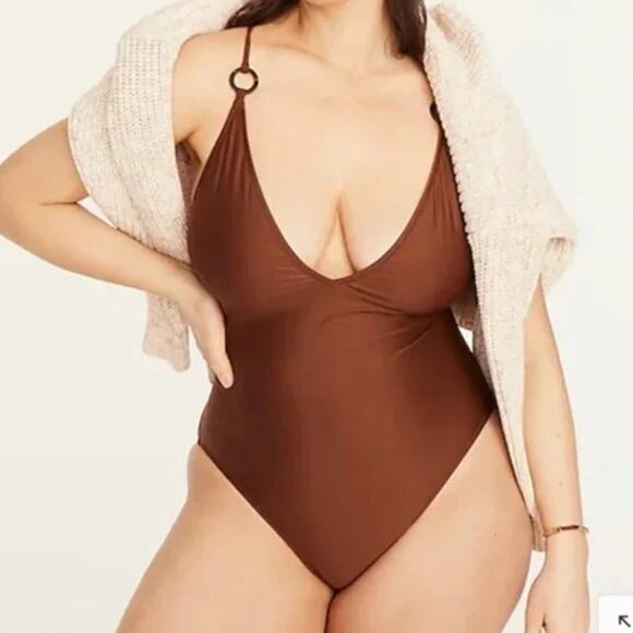 NWT J. Crew Brown O-ring V-neck One-Piece Swim Bathing Suit Women's Size 24 - Picture 1 of 9